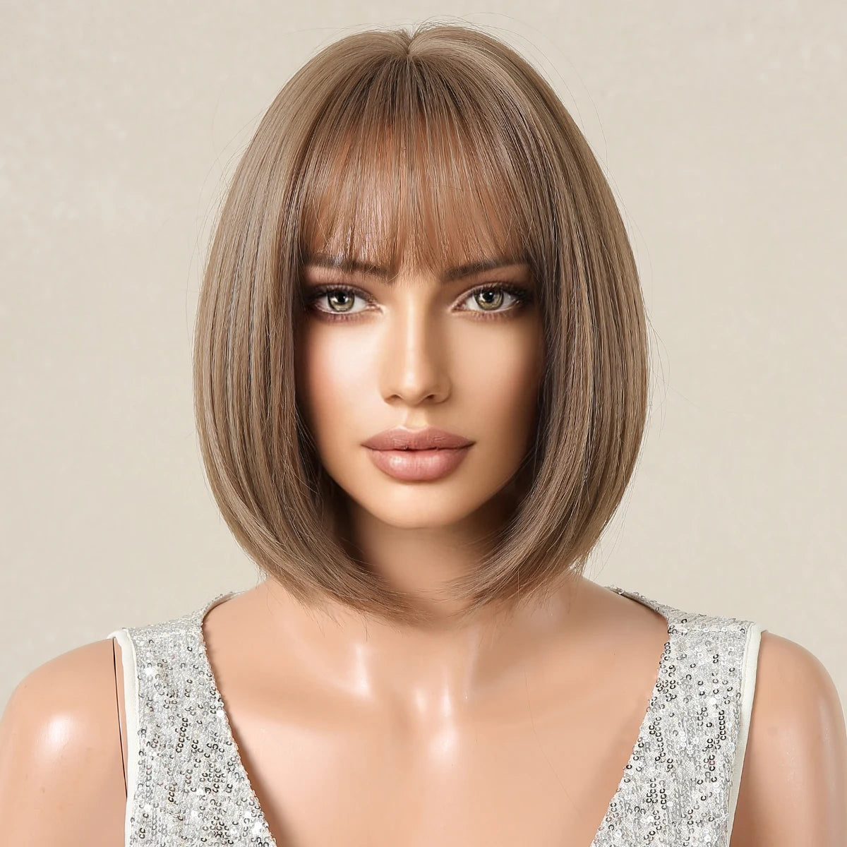 ALAN EATON Short Ombre Brown Synthetic Natural Bob Straight Wigs with Bang for Women Party Daily Use Heat Resistant Fiber