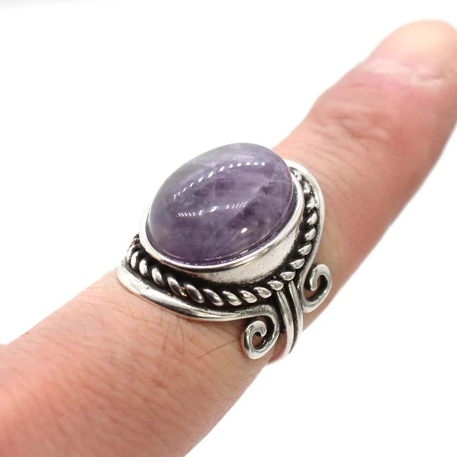 Vintage Crystal Oval Stone Rings For Men Women Natural Rose Quartz Amethyst Onyx Agate Gemstone Adjustable Finger Ring Jewelry