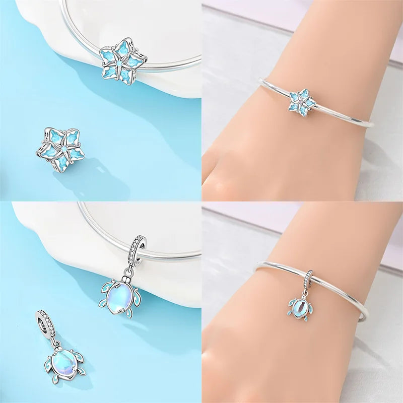 925 Sterling Silver Ocean Series Blue Turtle Starfish Shell Fit Original Bracelet Charms for Women diy Fine Jewelry Gifts