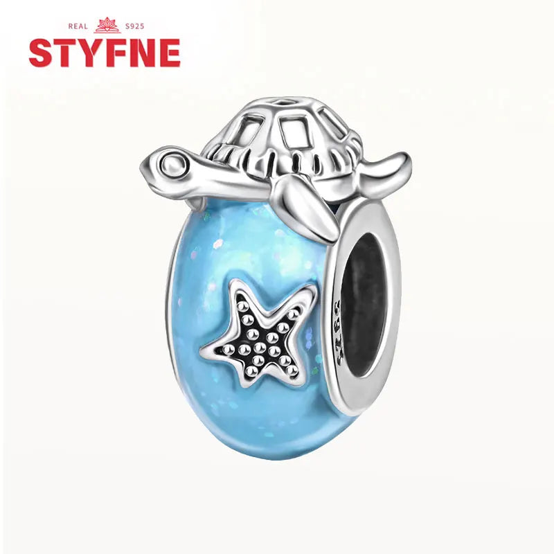 925 Sterling Silver Ocean Series Blue Turtle Starfish Shell Fit Original Bracelet Charms for Women diy Fine Jewelry Gifts