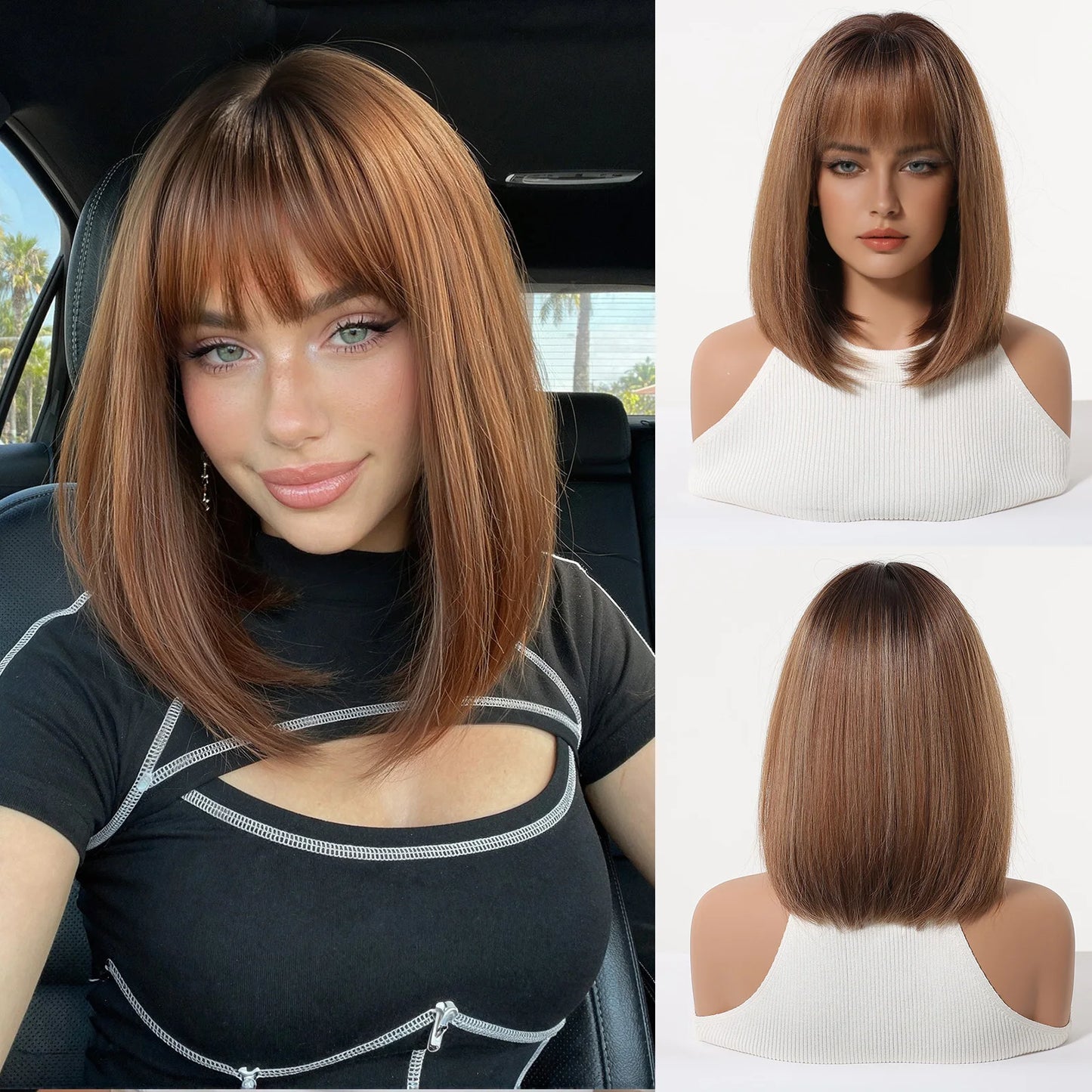 ALAN EATON Short Ombre Brown Synthetic Natural Bob Straight Wigs with Bang for Women Party Daily Use Heat Resistant Fiber