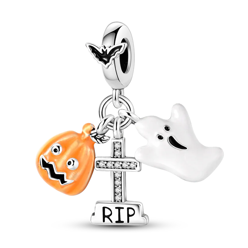 2026 Halloween Skull Charms Bead 925 Sterling Silver Sparkling Zircon Pumpkin Head Dangle Fit Bracelet DIY Jewelry Holiday Gift