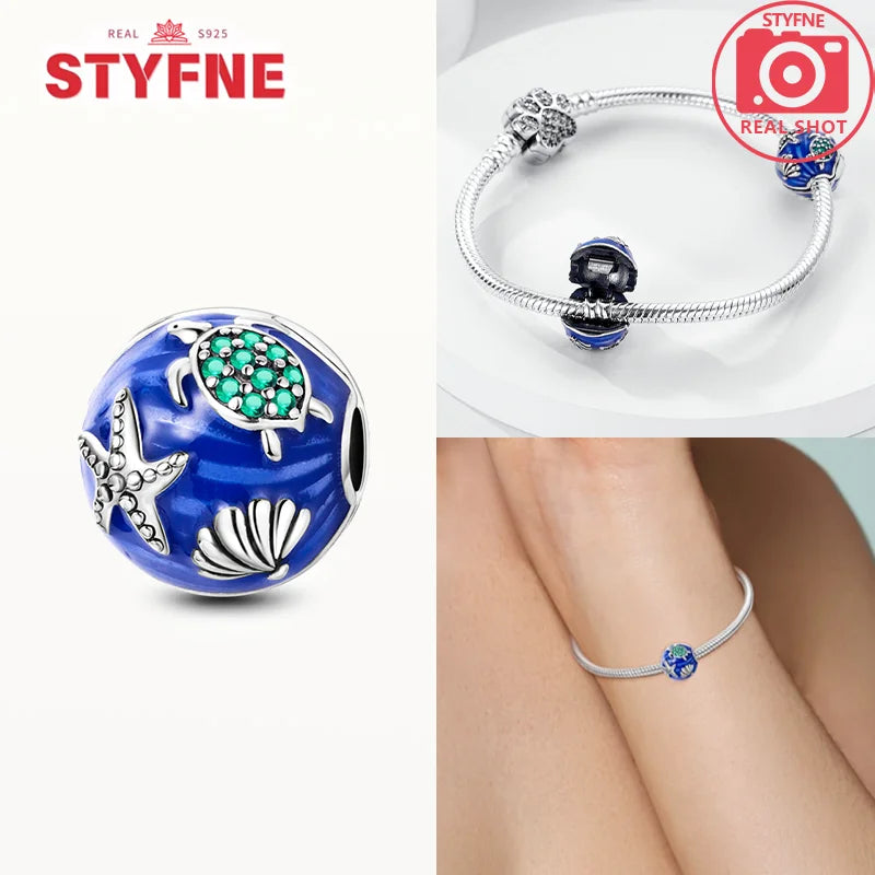 925 Sterling Silver Ocean Series Blue Turtle Starfish Shell Fit Original Bracelet Charms for Women diy Fine Jewelry Gifts