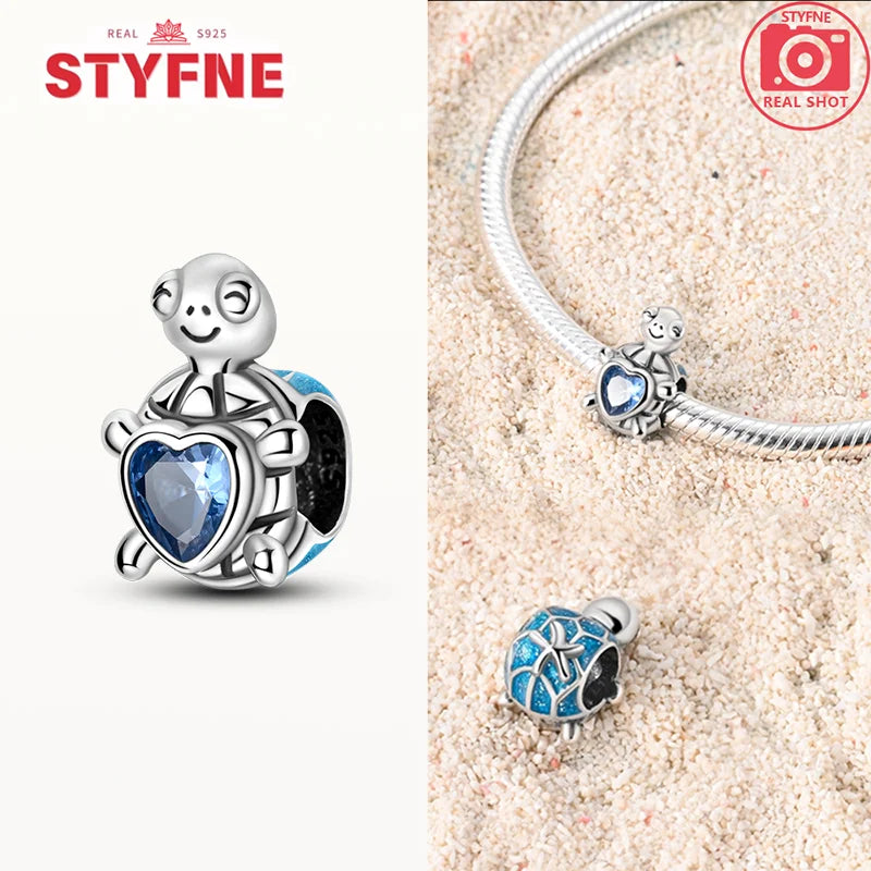 925 Sterling Silver Ocean Series Blue Turtle Starfish Shell Fit Original Bracelet Charms for Women diy Fine Jewelry Gifts