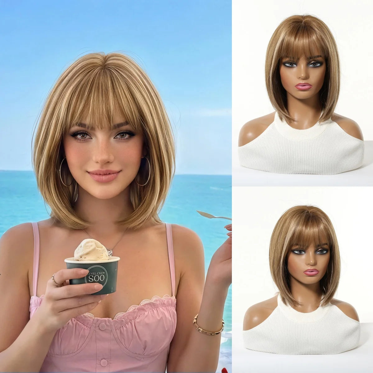 ALAN EATON Short Ombre Brown Synthetic Natural Bob Straight Wigs with Bang for Women Party Daily Use Heat Resistant Fiber