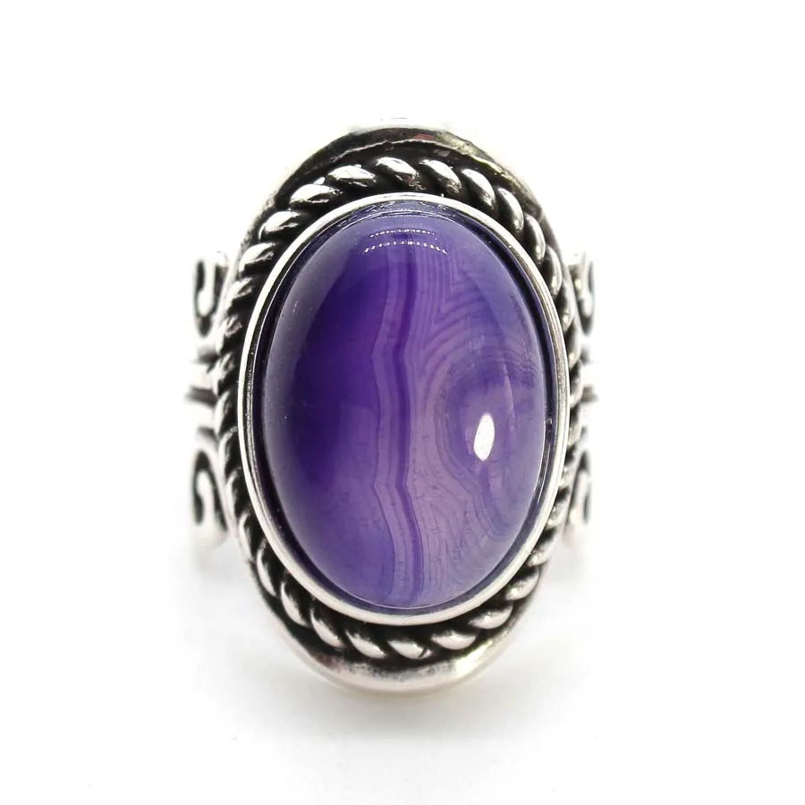 Vintage Crystal Oval Stone Rings For Men Women Natural Rose Quartz Amethyst Onyx Agate Gemstone Adjustable Finger Ring Jewelry