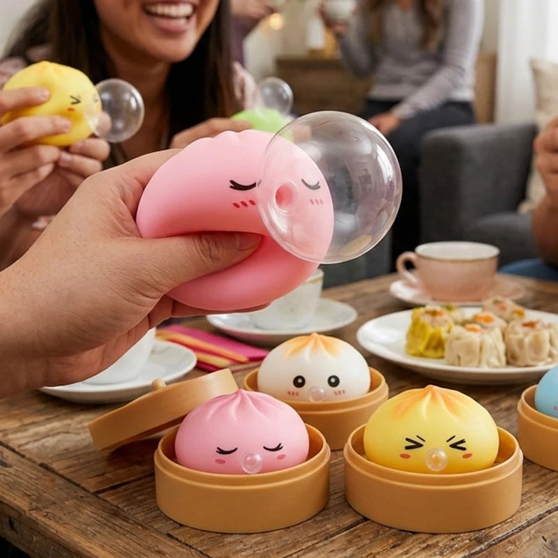 Dumpling Squeeze Blow Bubbles Toy Dumpling Squishies Set with Steamer Bubble-Blowing Squishies Stretchy Fidget Sensory