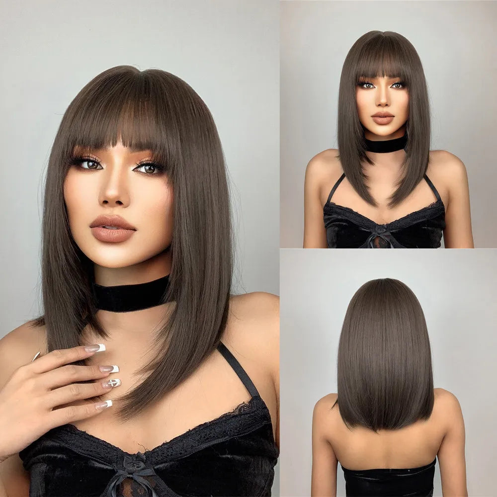 ALAN EATON Layered Synthetic Wigs with Bangs Straight Short Highlights Blonde Hair Wig with for Women Natural Daily Cosplay Wigs