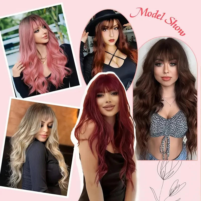 Red Wine Color Synthetic Wig with Long Curly Hair and Bangs for Daily Party Use. Made of High-Temperature Hair Fiber.