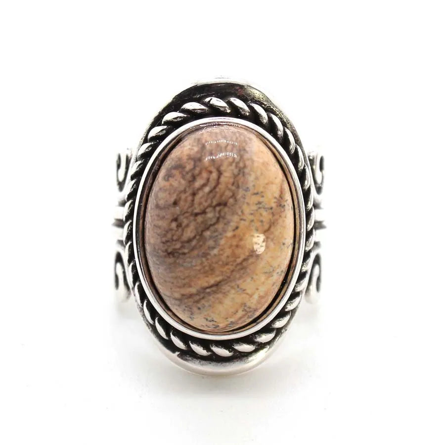 Vintage Crystal Oval Stone Rings For Men Women Natural Rose Quartz Amethyst Onyx Agate Gemstone Adjustable Finger Ring Jewelry