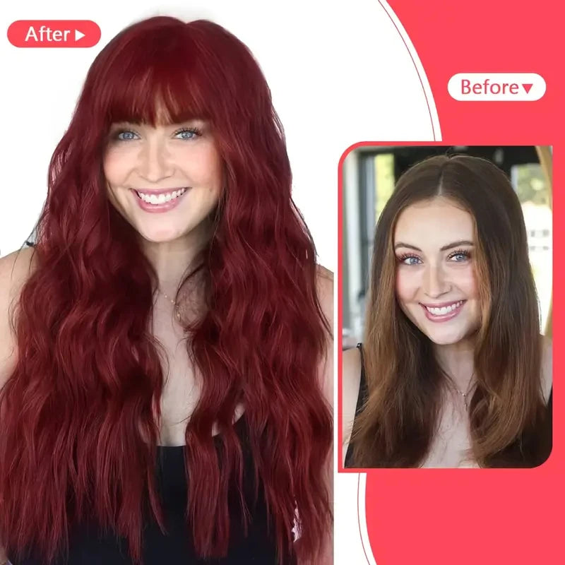Red Wine Color Synthetic Wig with Long Curly Hair and Bangs for Daily Party Use. Made of High-Temperature Hair Fiber.
