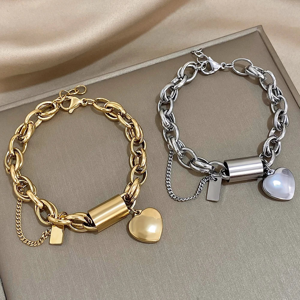 Heart Locket Stainless Steel Charm Bracelet Chunky Gold Plated