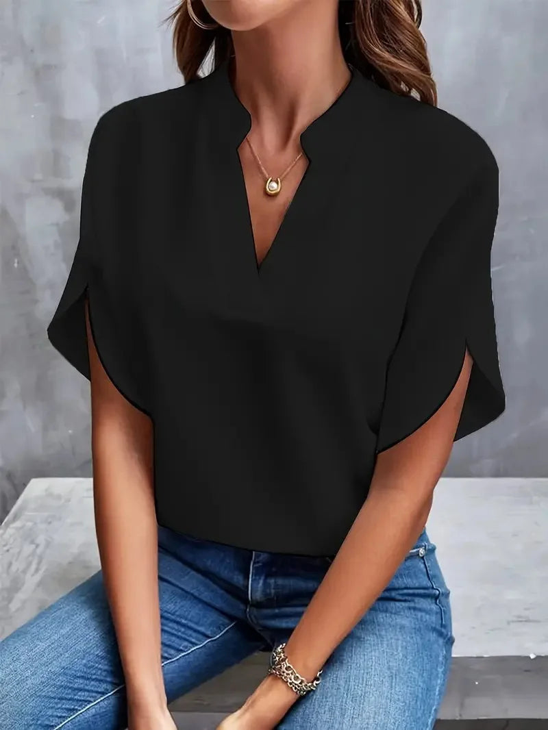 Women Casual Solid Blouse Women Fashion V-neck Half Sleeve Shirts Office Elegant Pullover Loose Blusas Tops