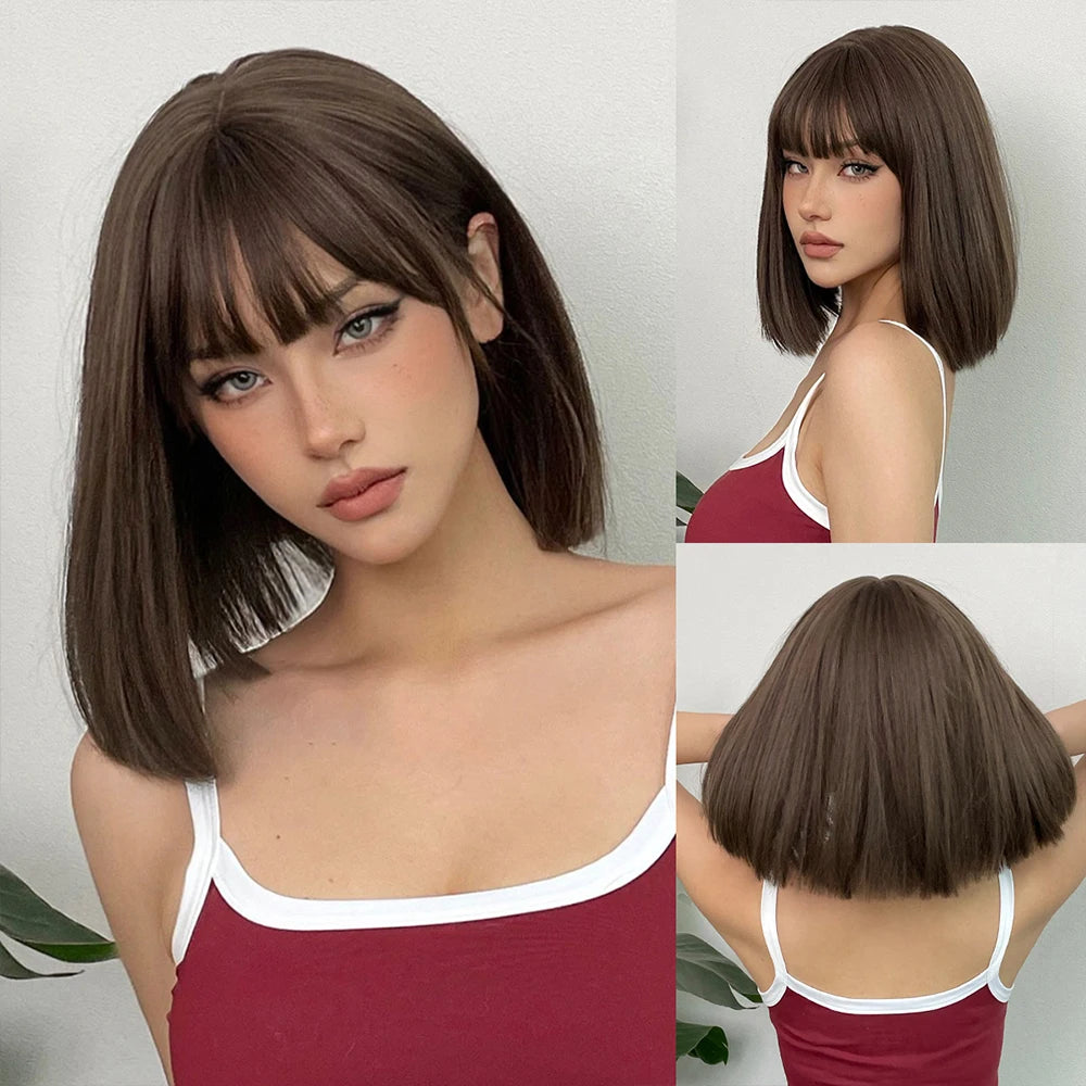 ALAN EATON Short Ombre Brown Synthetic Natural Bob Straight Wigs with Bang for Women Party Daily Use Heat Resistant Fiber