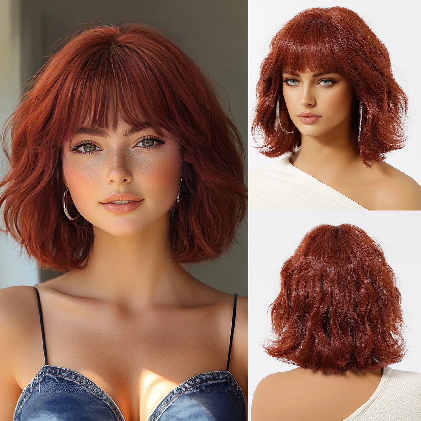 Honey Brown Synthetic Wigs Short Wavy Wig For Women Cosplay Party Daily Natural Fake Hair With Bangs Lolita Wig Heat Resistant