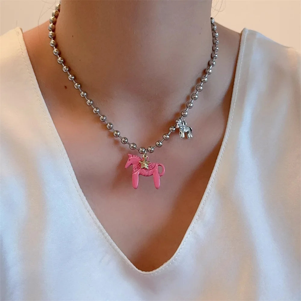 White Black Green Blue Pink Color Enamel Colt Horse Pendant Necklaces for Women Silver Plated Alloy Beads Chain Chokers