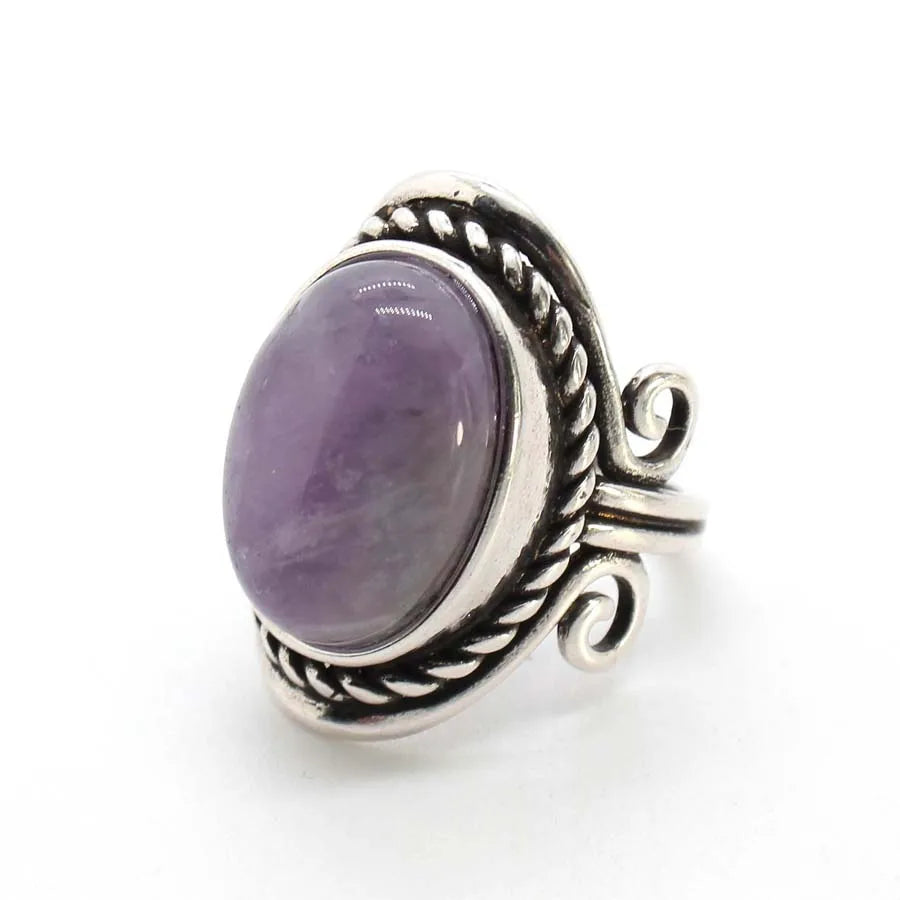 Vintage Crystal Oval Stone Rings For Men Women Natural Rose Quartz Amethyst Onyx Agate Gemstone Adjustable Finger Ring Jewelry