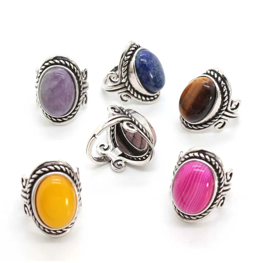 Vintage Crystal Oval Stone Rings For Men Women Natural Rose Quartz Amethyst Onyx Agate Gemstone Adjustable Finger Ring Jewelry