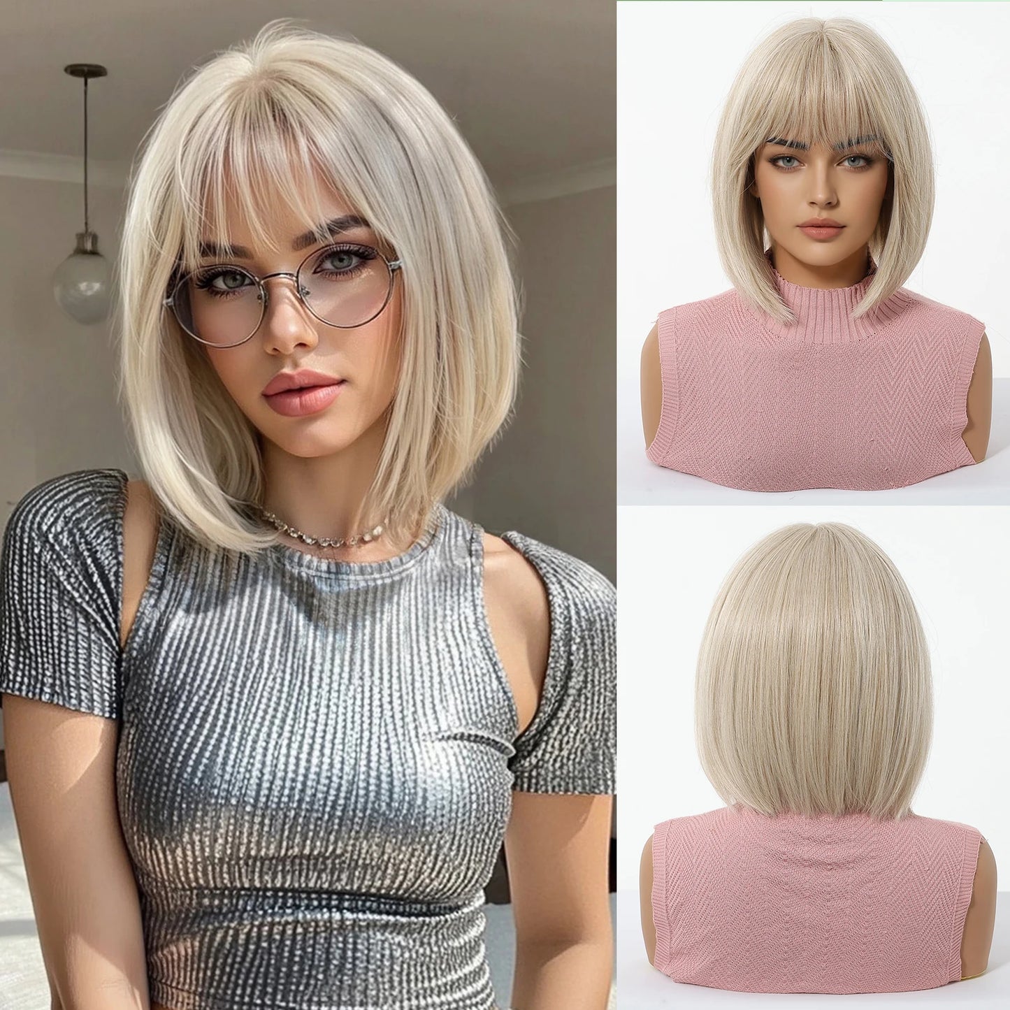ALAN EATON Short Ombre Brown Synthetic Natural Bob Straight Wigs with Bang for Women Party Daily Use Heat Resistant Fiber