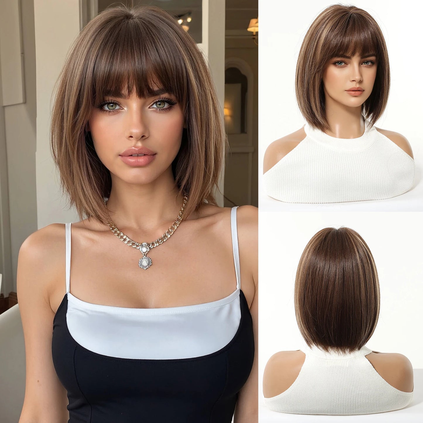 ALAN EATON Short Ombre Brown Synthetic Natural Bob Straight Wigs with Bang for Women Party Daily Use Heat Resistant Fiber