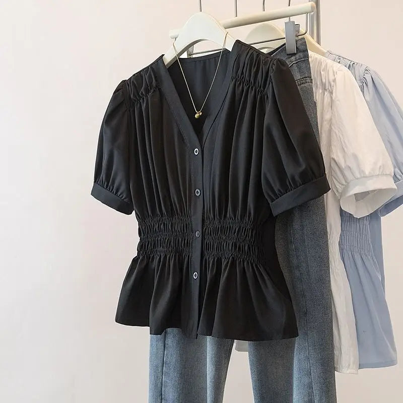Plus Size Elastic Waist Trend Shirt And Blouse Solid Color Top Women Clothing V-neck French Chic Basics