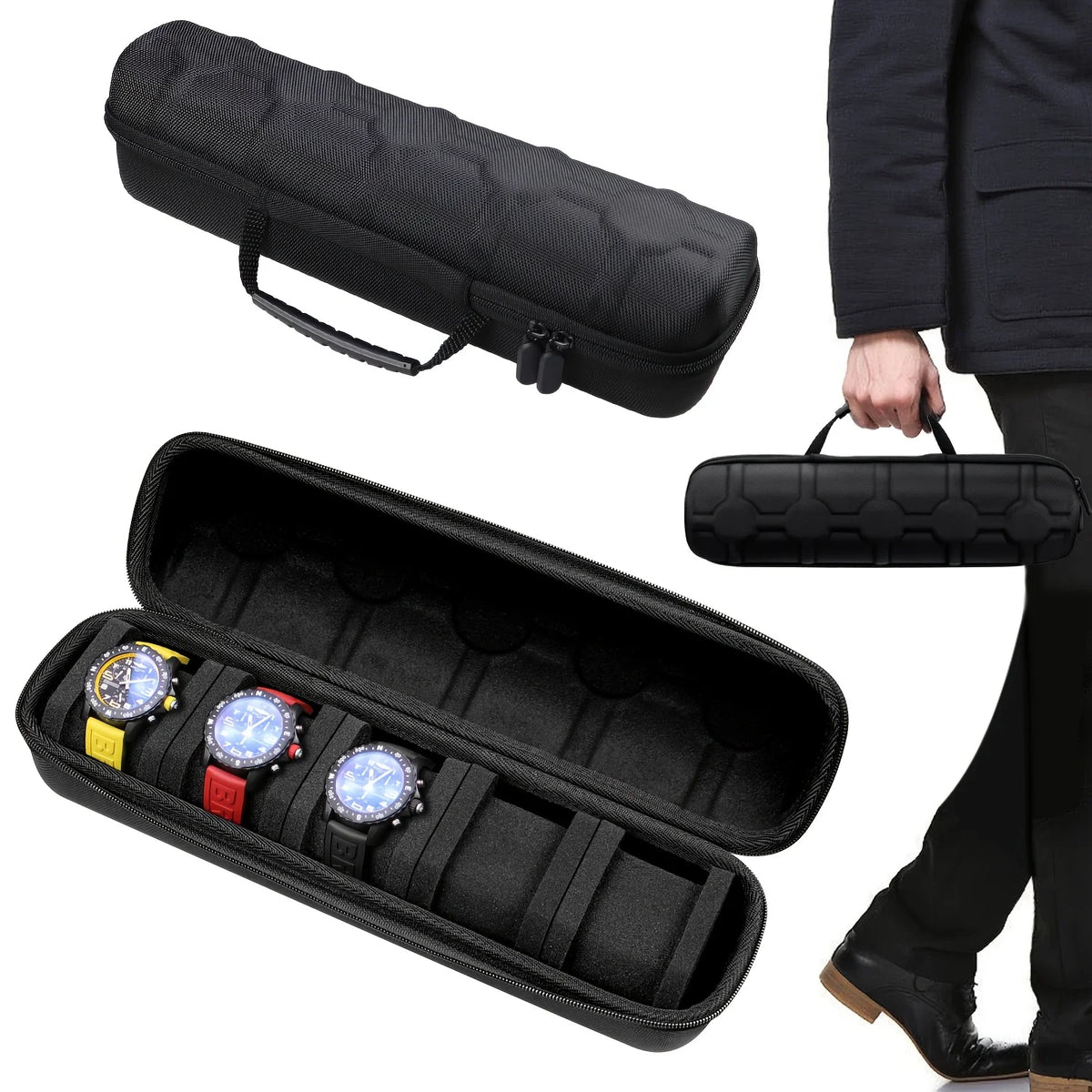 1PC 5-Slot Watch Case | Hard Shell Travel Organizer With Pillow Insert - Gift Ready (Black),Suitable For Smart Watch Storage