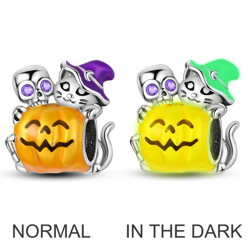 2026 Halloween Skull Charms Bead 925 Sterling Silver Sparkling Zircon Pumpkin Head Dangle Fit Bracelet DIY Jewelry Holiday Gift