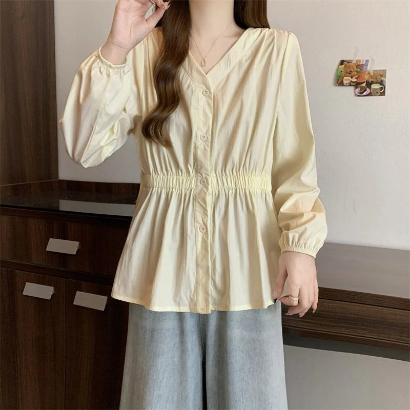 Plus Size Elastic Waist Trend Shirt And Blouse Solid Color Top Women Clothing V-neck French Chic Basics