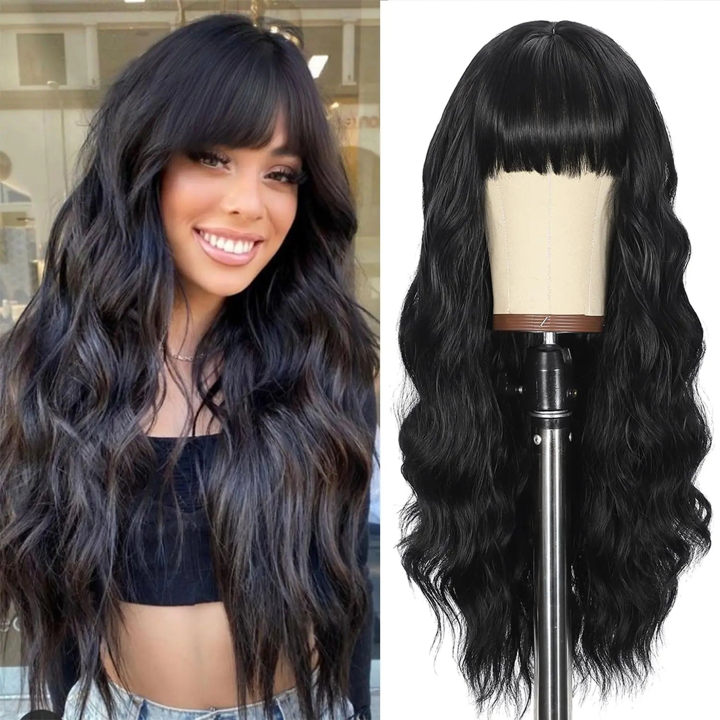 Red Wine Color Synthetic Wig with Long Curly Hair and Bangs for Daily Party Use. Made of High-Temperature Hair Fiber.