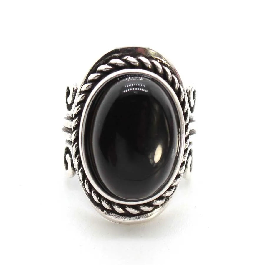 Vintage Crystal Oval Stone Rings For Men Women Natural Rose Quartz Amethyst Onyx Agate Gemstone Adjustable Finger Ring Jewelry