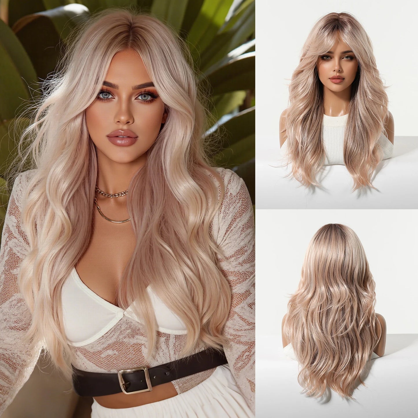 ALAN EATON Rose Gold Blonde Wig With Bangs Ombre Long Body Wave Synthetic Hair Heat Resistant Fiber Natural Looking Party Wigs
