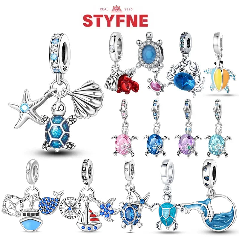 925 Sterling Silver Ocean Series Blue Turtle Starfish Shell Fit Original Bracelet Charms for Women diy Fine Jewelry Gifts