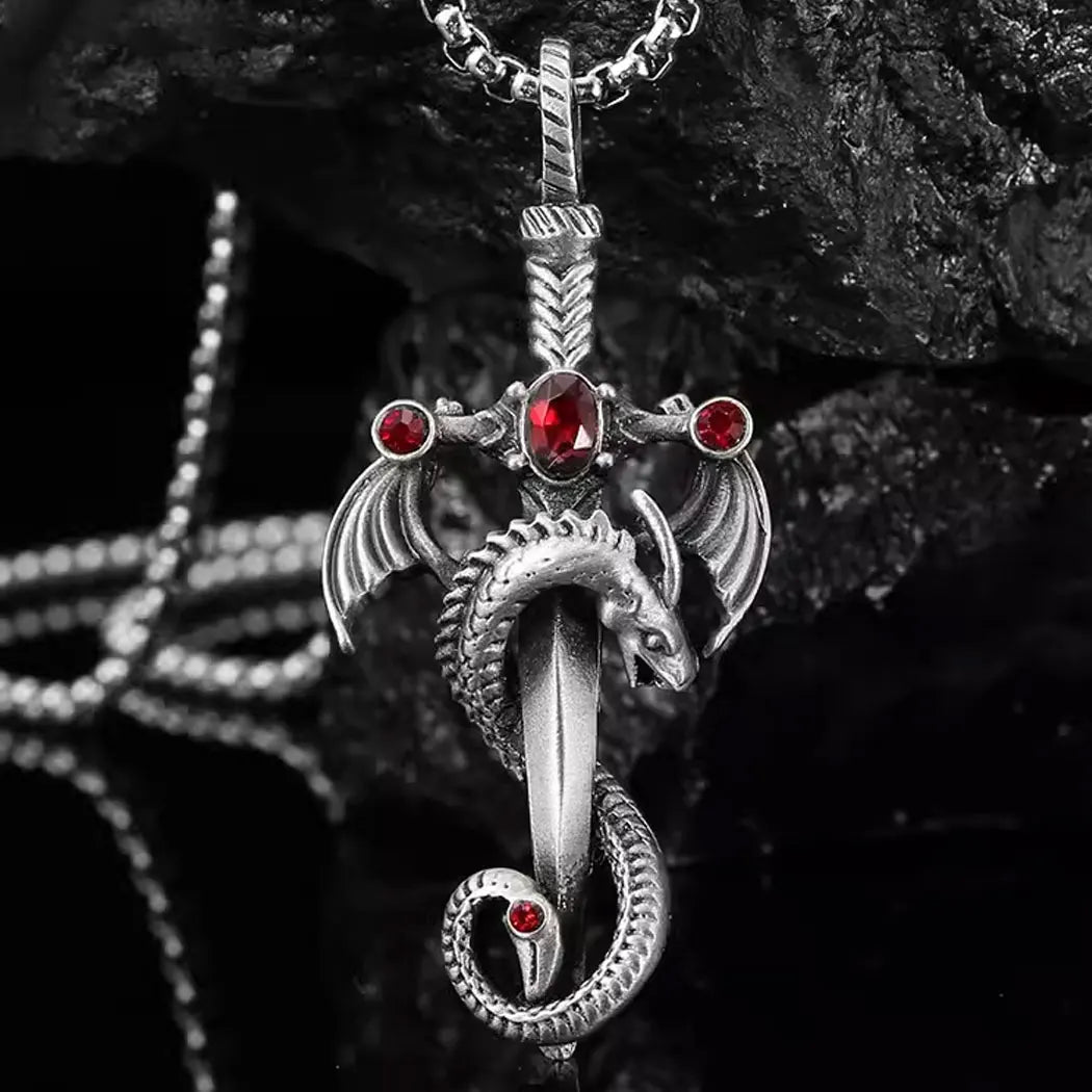 Vintage imitation gemstone dragon sword pendant necklace accessories stainless steel chain party birthday gift amulet