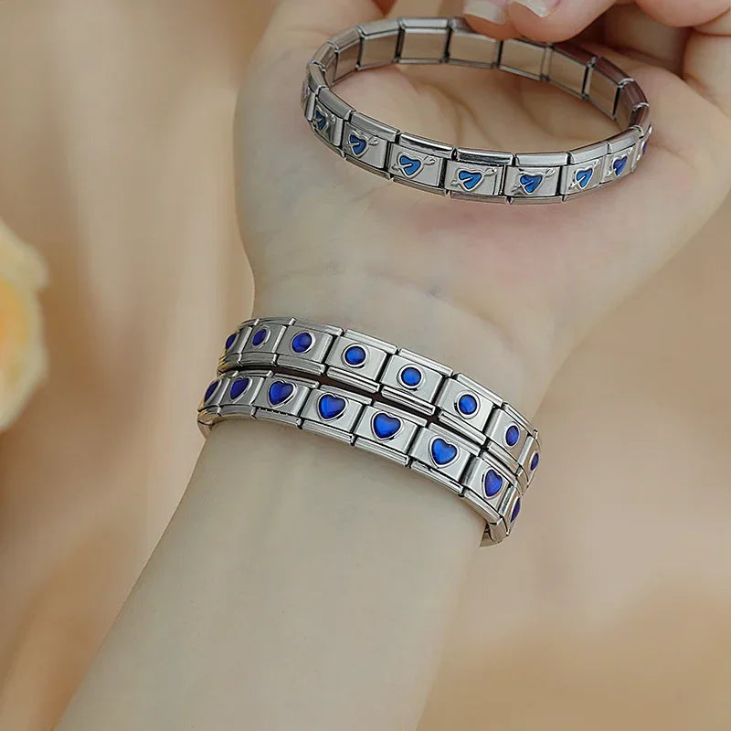 Blue Heart Round STAR Italian Charm Bracelet Fashion Stainless Steel Bangle