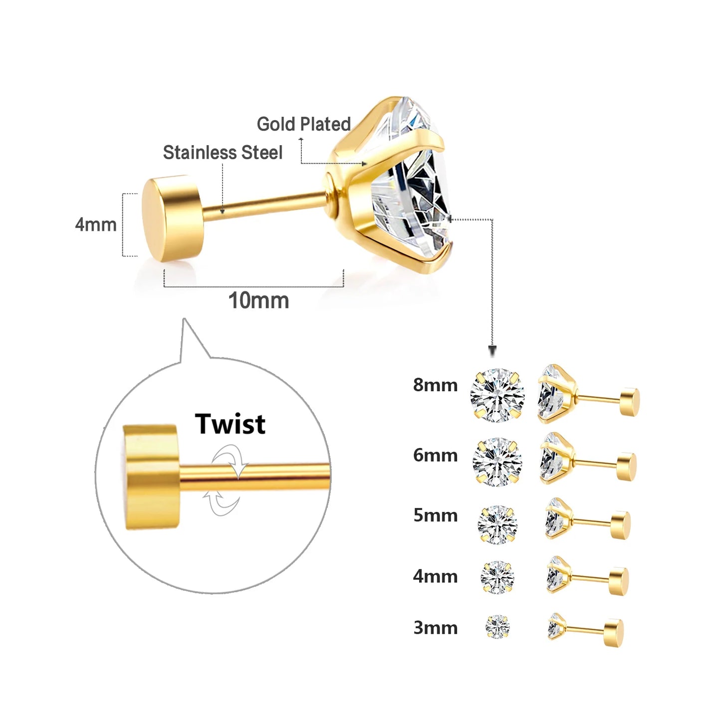 LUXUSTEEL 2Pcs Men's Crystal Zircon Studs Earrings For Women 316L Stainless Steel Cartilage Piercing Ear Anti Allergic 3-8mm