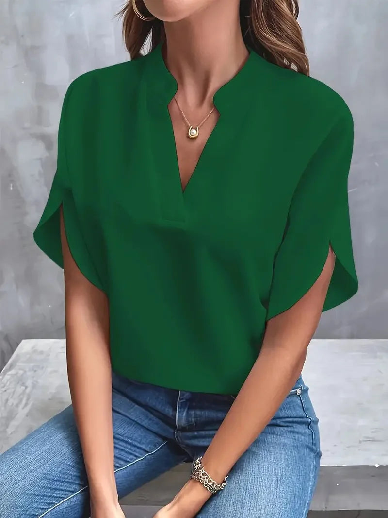 Women Casual Solid Blouse Women Fashion V-neck Half Sleeve Shirts Office Elegant Pullover Loose Blusas Tops