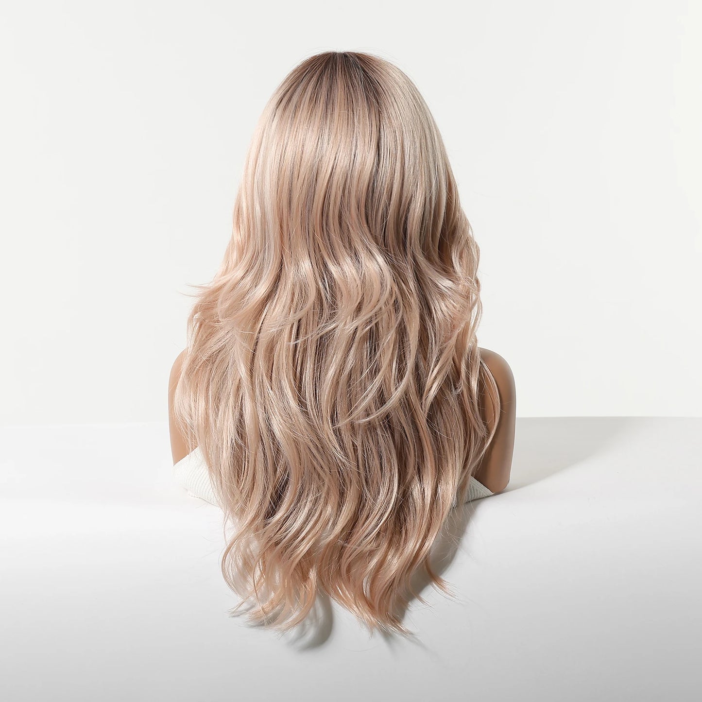 ALAN EATON Rose Gold Blonde Wig With Bangs Ombre Long Body Wave Synthetic Hair Heat Resistant Fiber Natural Looking Party Wigs