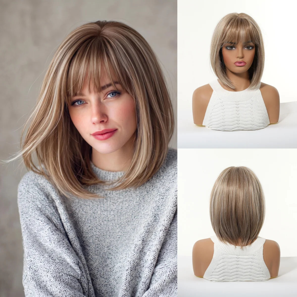 ALAN EATON Short Ombre Brown Synthetic Natural Bob Straight Wigs with Bang for Women Party Daily Use Heat Resistant Fiber