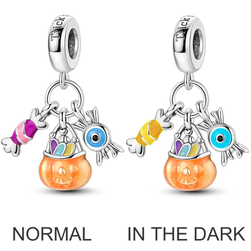 2026 Halloween Skull Charms Bead 925 Sterling Silver Sparkling Zircon Pumpkin Head Dangle Fit Bracelet DIY Jewelry Holiday Gift