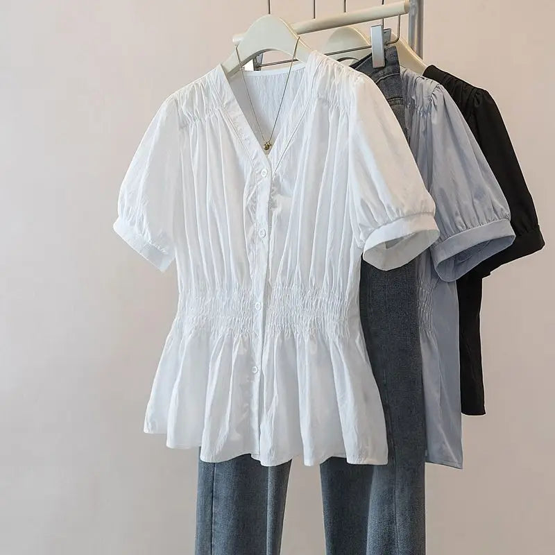 Plus Size Elastic Waist Trend Shirt And Blouse Solid Color Top Women Clothing V-neck French Chic Basics