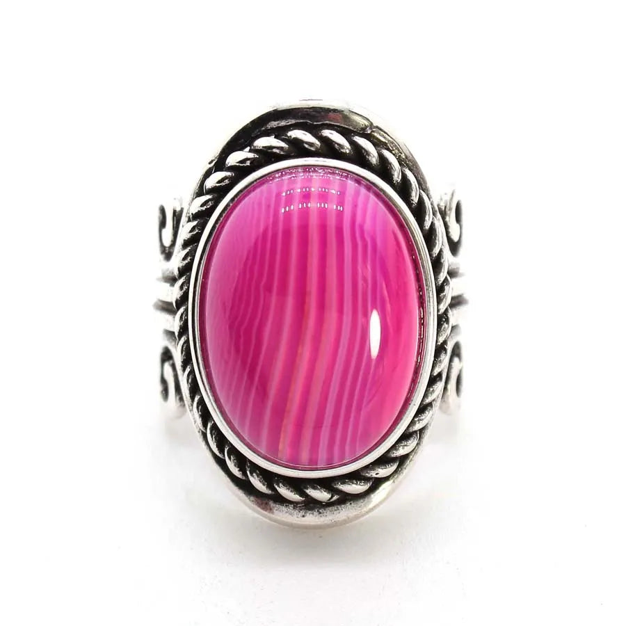 Vintage Crystal Oval Stone Rings For Men Women Natural Rose Quartz Amethyst Onyx Agate Gemstone Adjustable Finger Ring Jewelry