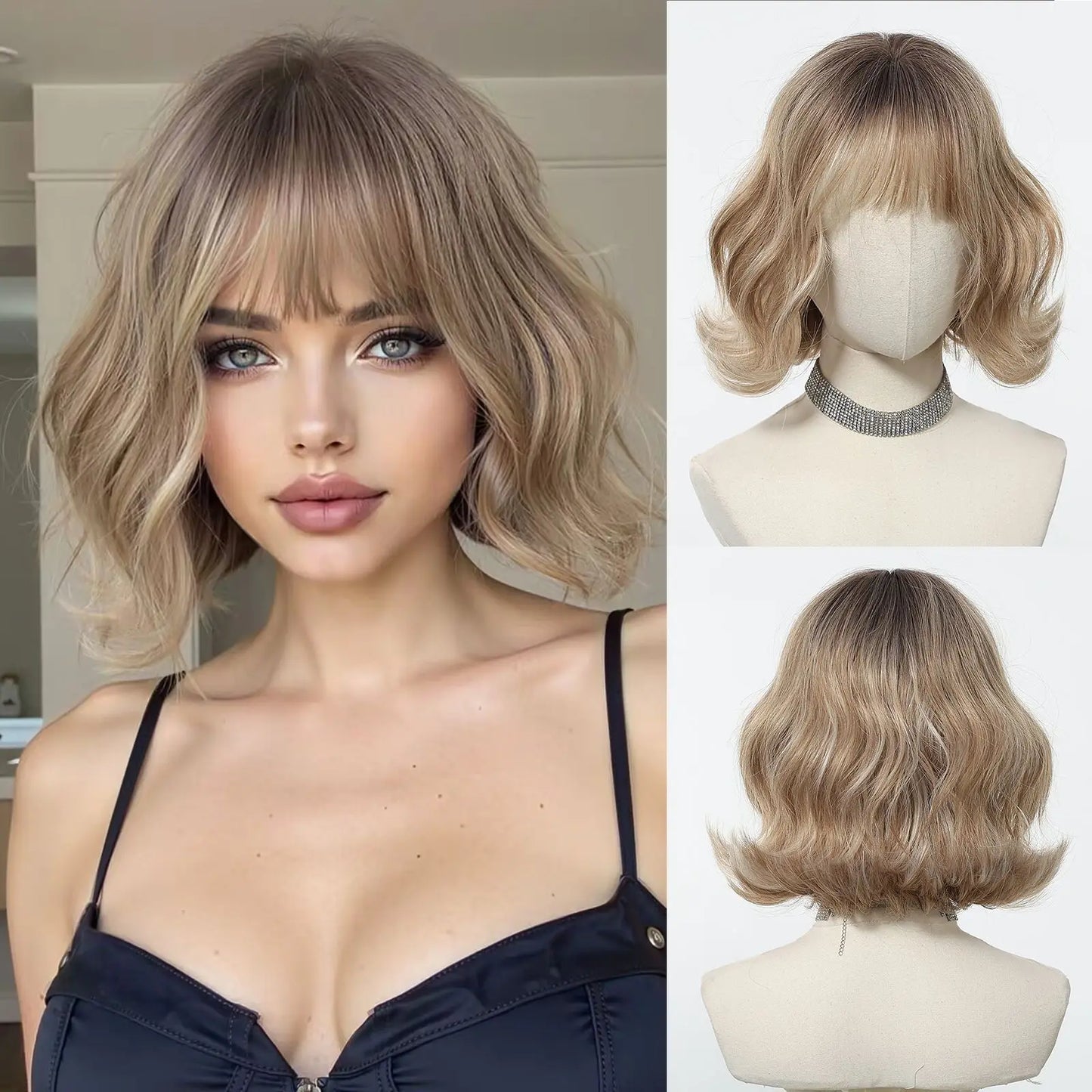 Honey Brown Synthetic Wigs Short Wavy Wig For Women Cosplay Party Daily Natural Fake Hair With Bangs Lolita Wig Heat Resistant