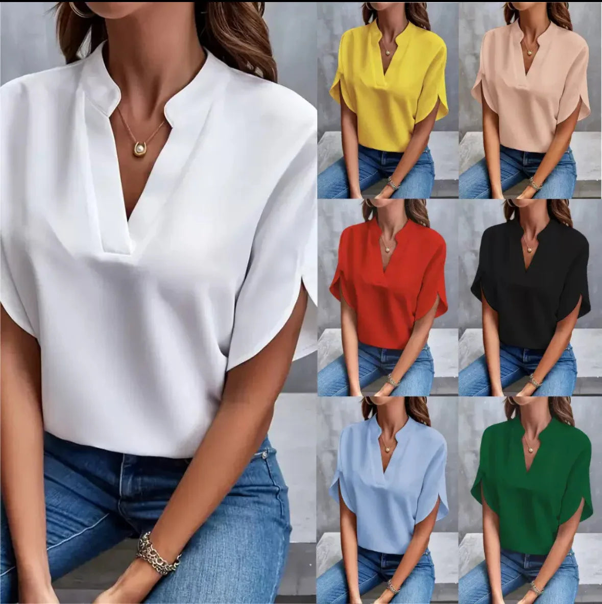 Women Casual Solid Blouse Women Fashion V-neck Half Sleeve Shirts Office Elegant Pullover Loose Blusas Tops