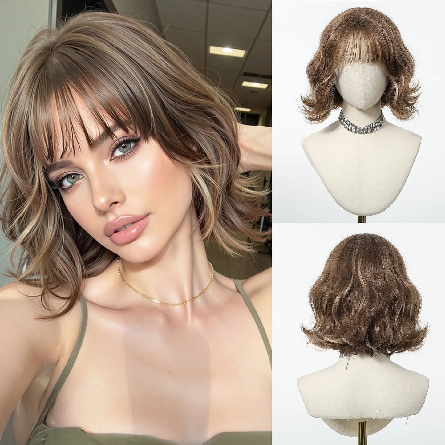 Honey Brown Synthetic Wigs Short Wavy Wig For Women Cosplay Party Daily Natural Fake Hair With Bangs Lolita Wig Heat Resistant
