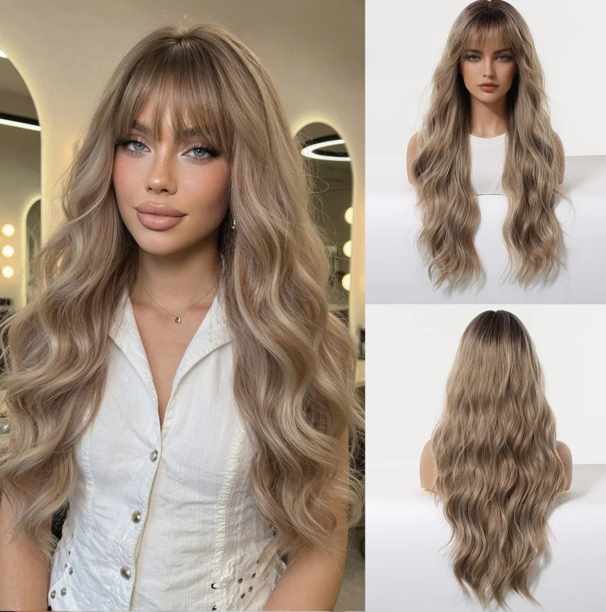 ALAN EATON Rose Gold Blonde Wig With Bangs Ombre Long Body Wave Synthetic Hair Heat Resistant Fiber Natural Looking Party Wigs