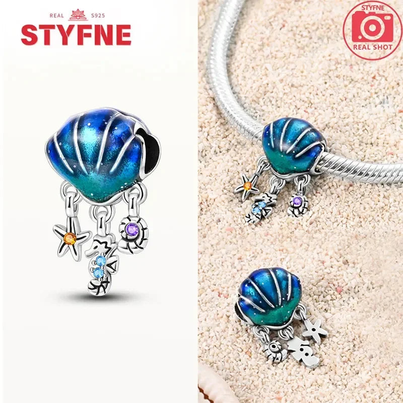925 Sterling Silver Ocean Series Blue Turtle Starfish Shell Fit Original Bracelet Charms for Women diy Fine Jewelry Gifts
