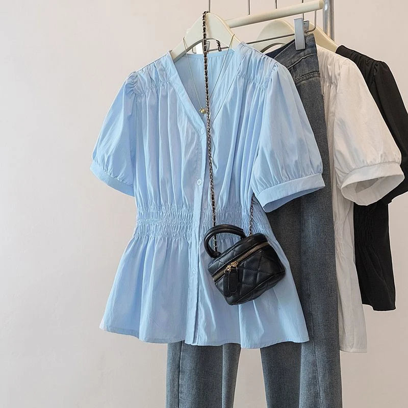 Plus Size Elastic Waist Trend Shirt And Blouse Solid Color Top Women Clothing V-neck French Chic Basics