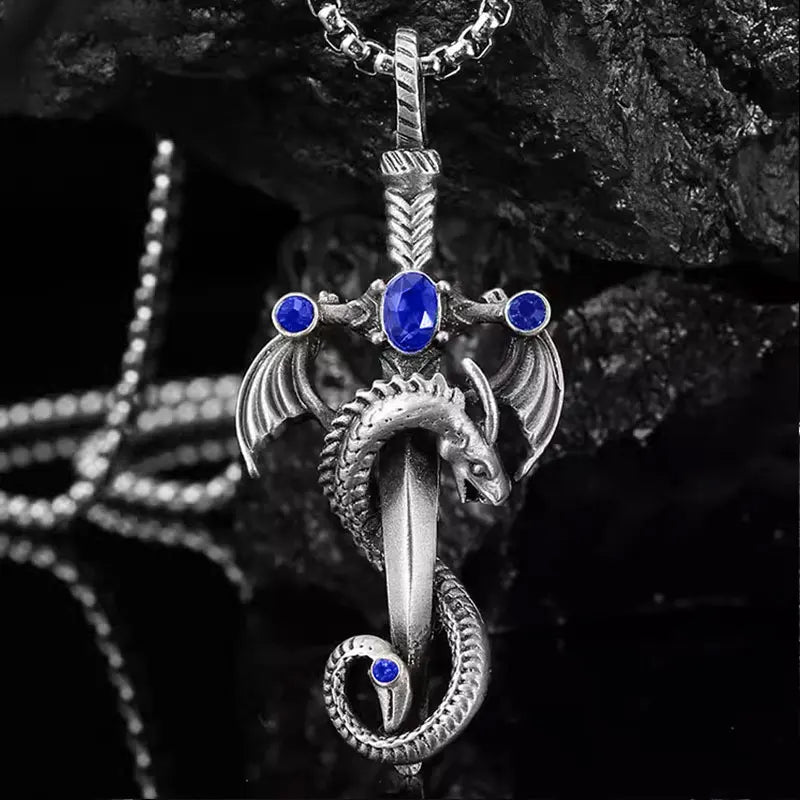 Vintage imitation gemstone dragon sword pendant necklace accessories stainless steel chain party birthday gift amulet