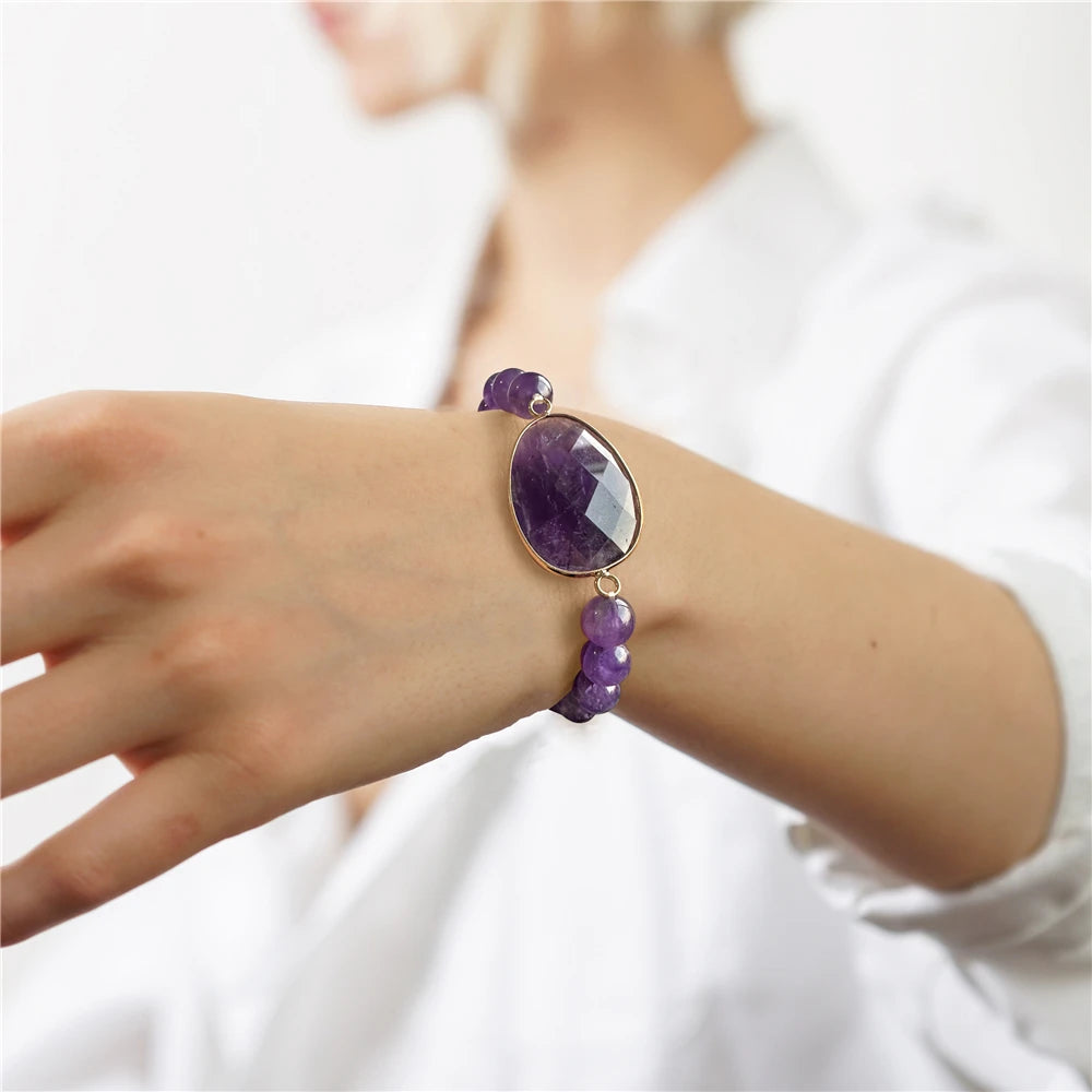 Natural Stone Charm Bracelets For Women Men Amethysts Lapis Lazuli Labradorite White Howlite Elastic Bracelet Jewelry