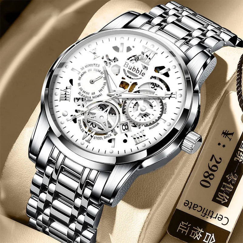 Men's Trendy High End Light Luxury Versatile Quartz Wristwatches Waterproof Roman Hollow Male's Clock Watch